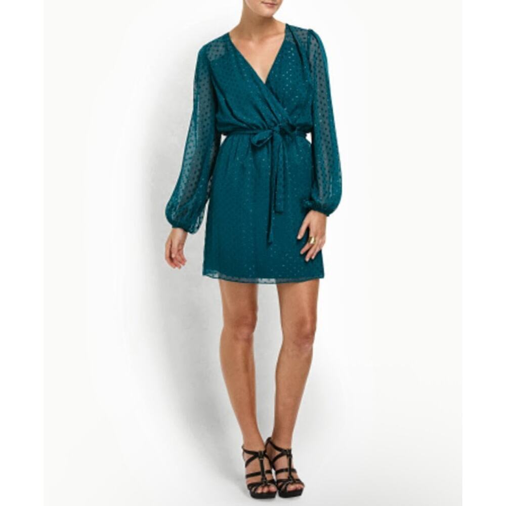 Erin Fetherston Size 12 Faux Wrap Dress Green Swiss Dot Tie Waist Long Sleeves